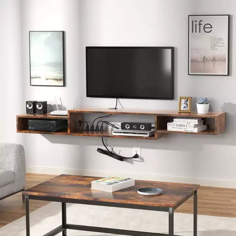 Meuble TV mural (pour téléviseurs jusqu'à 60 pouces, brun rustique) — étagère de rangement multimédia avec prise électrique
