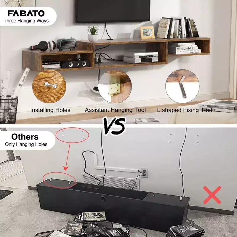 Meuble TV mural (pour téléviseurs jusqu'à 60 pouces, brun rustique) — étagère de rangement multimédia avec prise électrique