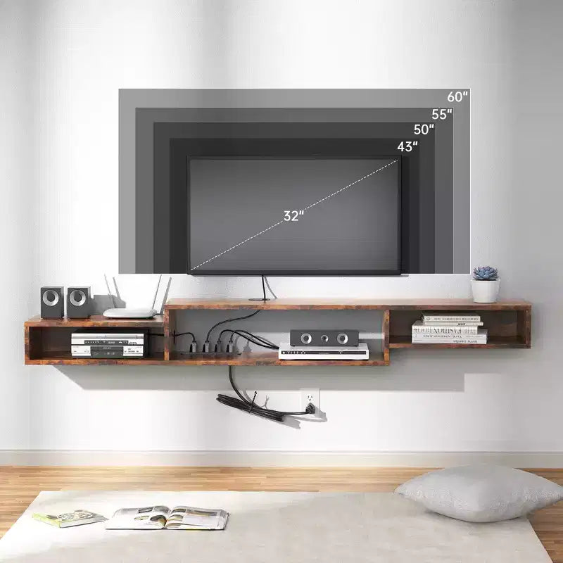 Meuble TV mural (pour téléviseurs jusqu'à 60 pouces, brun rustique) — étagère de rangement multimédia avec prise électrique
