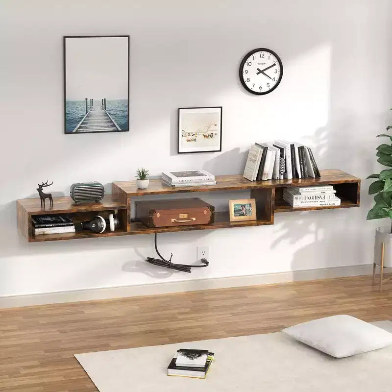 Meuble TV mural (pour téléviseurs jusqu'à 60 pouces, brun rustique) — étagère de rangement multimédia avec prise électrique