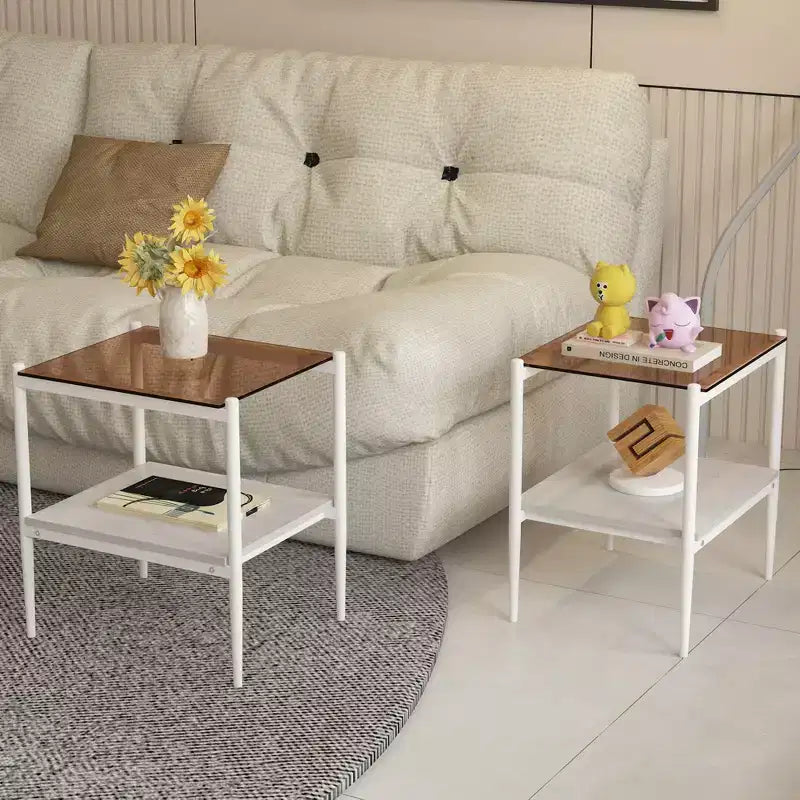 Juego de 2 mesas auxiliares rectangulares con tablero de vidrio templado, para sala de estar, vidrio marrón