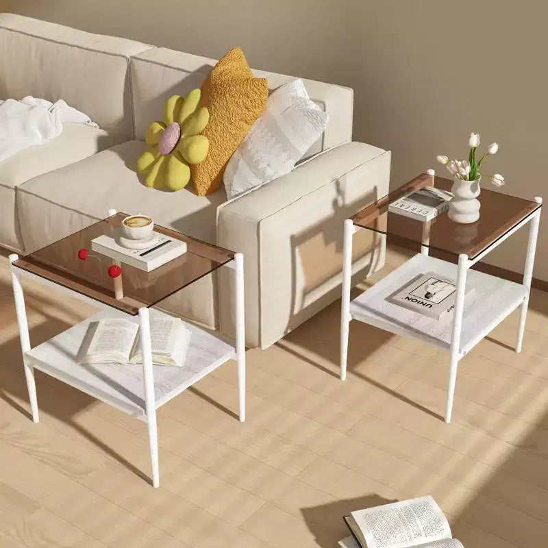 Set aus 2 rechteckigen Beistelltischen mit Tischplatte aus gehärtetem Glas, für das Wohnzimmer, braunes Glas