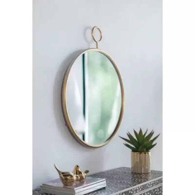 Runder Wandspiegel, 26 x 32, mit goldenem Metallrahmen, dekorativer Spiegel für Wohnzimmer, Eingangsbereich und Büro