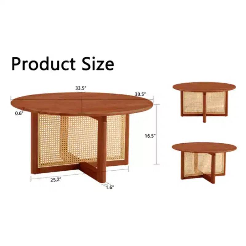 Une table basse en bois rouge foncé naturelle et élégante avec des décorations en rotin synthétique