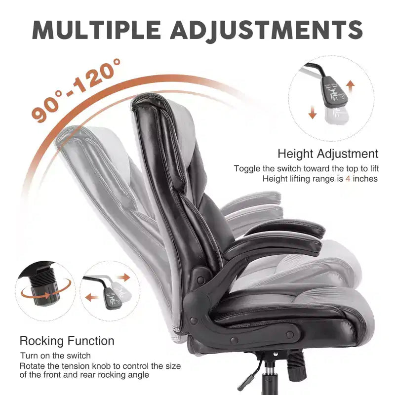 Chaise de bureau en similicuir PU avec accoudoirs rabattables réglables, soutien lombaire et base métallique robuste