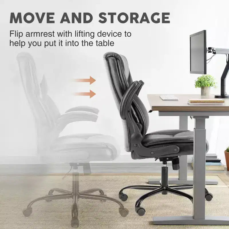 Chaise de bureau en similicuir PU avec accoudoirs rabattables réglables, soutien lombaire et base métallique robuste