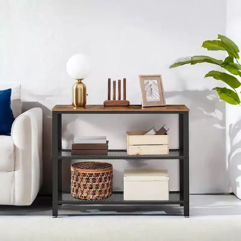 Console industrielle de 40, table d'entrée à 3 niveaux avec étagère de rangement, table de canapé étroite pour salon, couloir, entrée, vestibule ou chambre