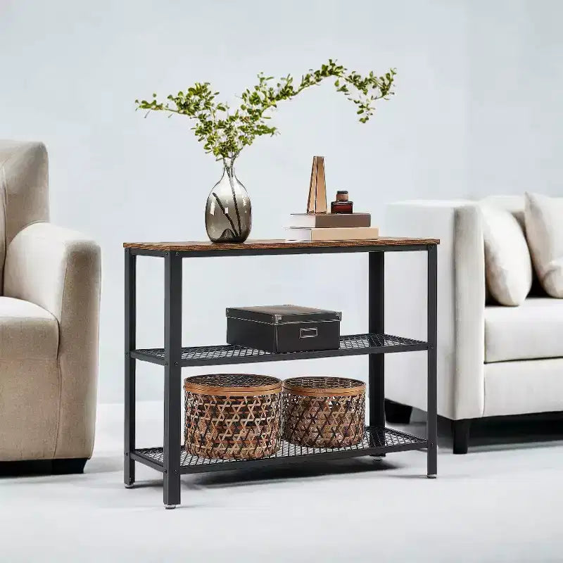 Console industrielle de 40, table d'entrée à 3 niveaux avec étagère de rangement, table de canapé étroite pour salon, couloir, entrée, vestibule ou chambre