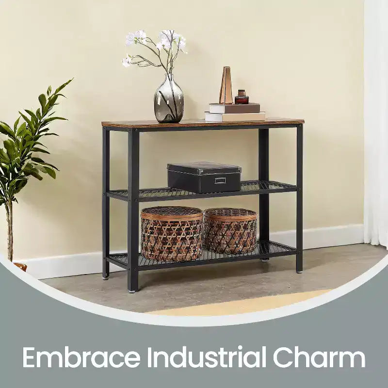 Console industrielle de 40, table d'entrée à 3 niveaux avec étagère de rangement, table de canapé étroite pour salon, couloir, entrée, vestibule ou chambre