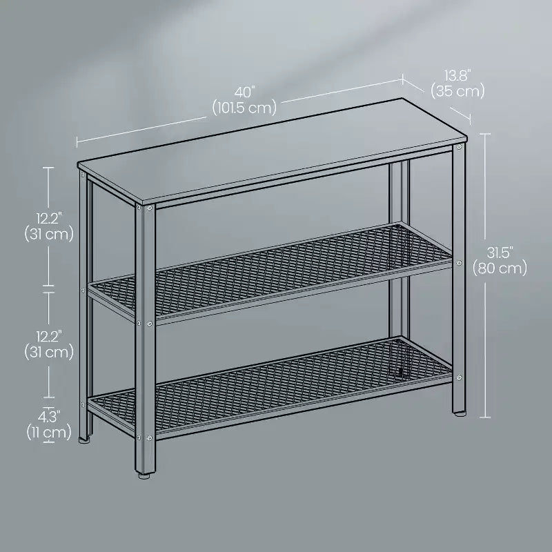 Console industrielle de 40, table d'entrée à 3 niveaux avec étagère de rangement, table de canapé étroite pour salon, couloir, entrée, vestibule ou chambre