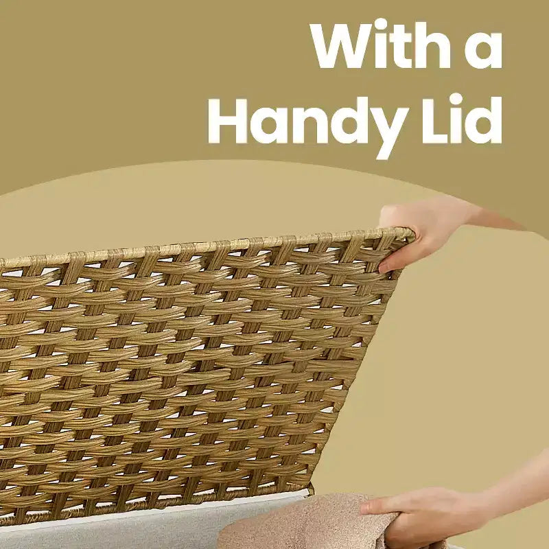 Panier de rangement avec couvercle, bac de rangement tressé de 105L. Avec poignées, doublure amovible et armature métallique.