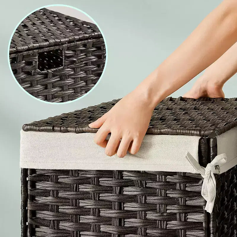 Panier de rangement avec couvercle, bac de rangement tressé de 105L. Avec poignées, doublure amovible et armature métallique.