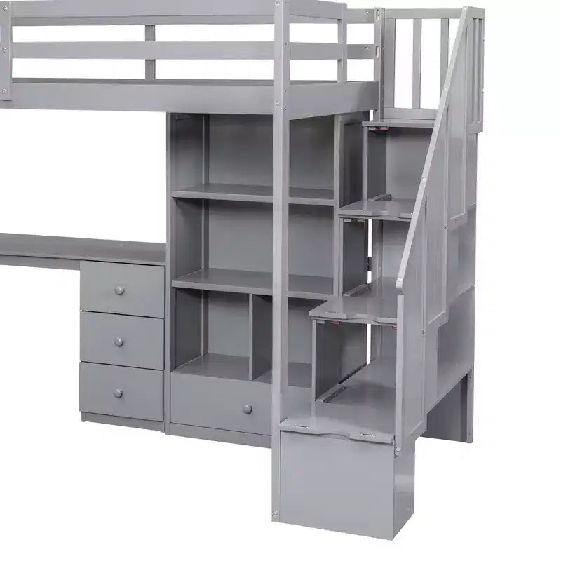 Lit mezzanine en bois de 94.4''L*57.4''W avec bureau en L, tiroirs, armoire et escalier de rangement
