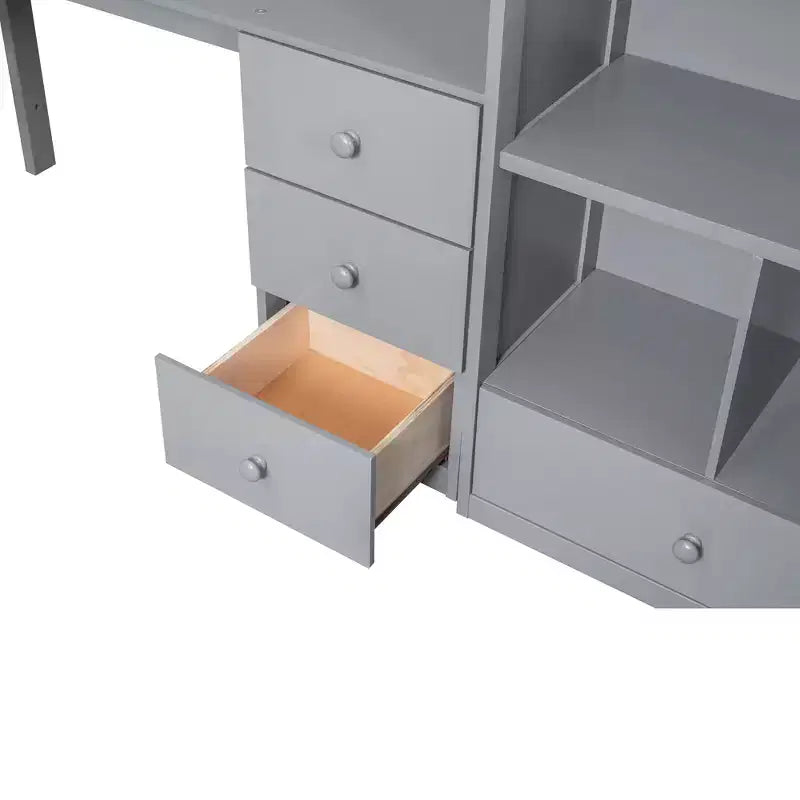 Lit mezzanine en bois de 94.4''L*57.4''W avec bureau en L, tiroirs, armoire et escalier de rangement