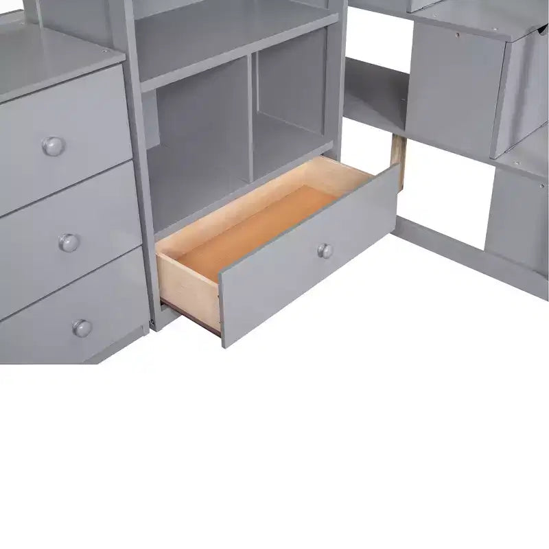 Lit mezzanine en bois de 94.4''L*57.4''W avec bureau en L, tiroirs, armoire et escalier de rangement