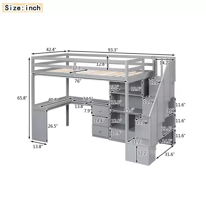 Lit mezzanine en bois de 94.4''L*57.4''W avec bureau en L, tiroirs, armoire et escalier de rangement