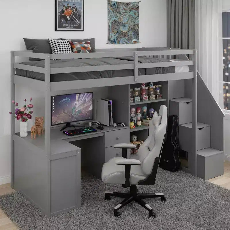 Lit mezzanine en bois de 94.4''L*57.4''W avec bureau en L, tiroirs, armoire et escalier de rangement