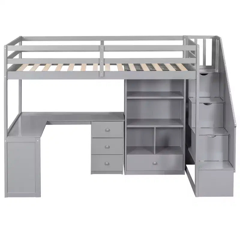 Lit mezzanine en bois de 94.4''L*57.4''W avec bureau en L, tiroirs, armoire et escalier de rangement