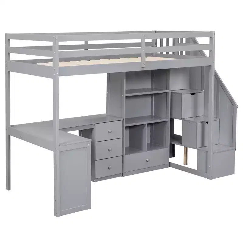 Lit mezzanine en bois de 94.4''L*57.4''W avec bureau en L, tiroirs, armoire et escalier de rangement