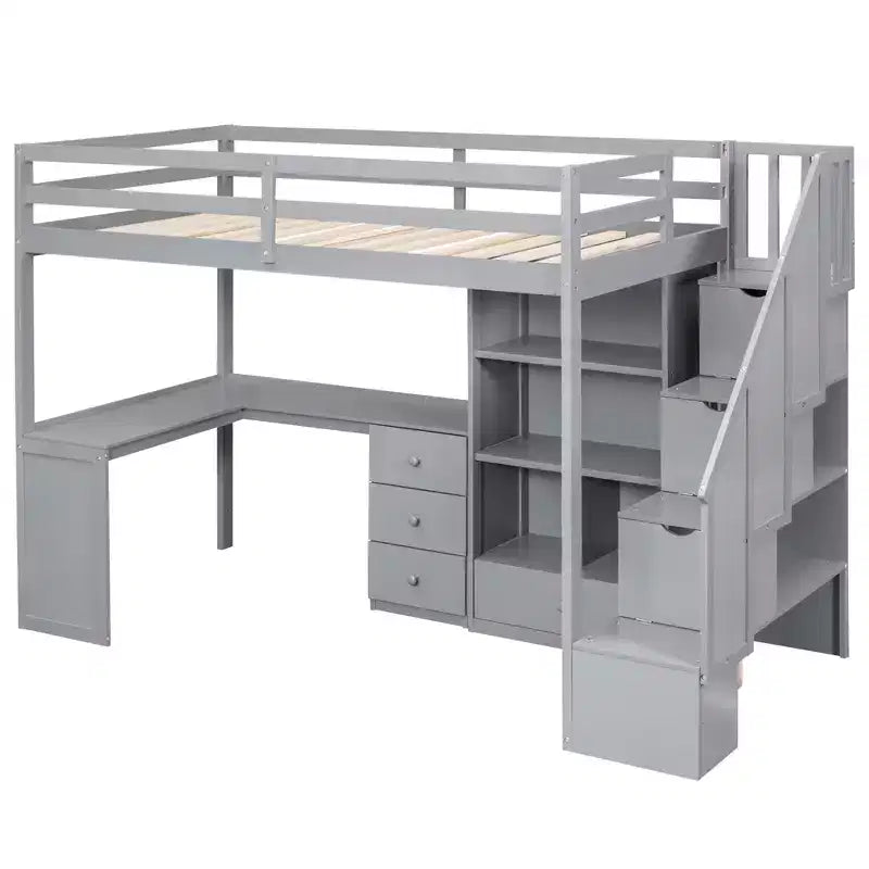 Lit mezzanine en bois de 94.4''L*57.4''W avec bureau en L, tiroirs, armoire et escalier de rangement