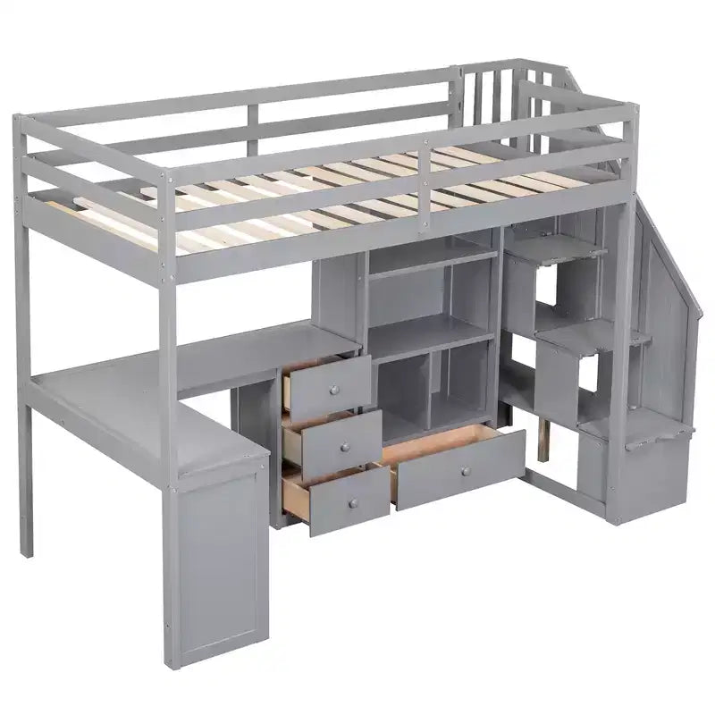 Lit mezzanine en bois de 94.4''L*57.4''W avec bureau en L, tiroirs, armoire et escalier de rangement