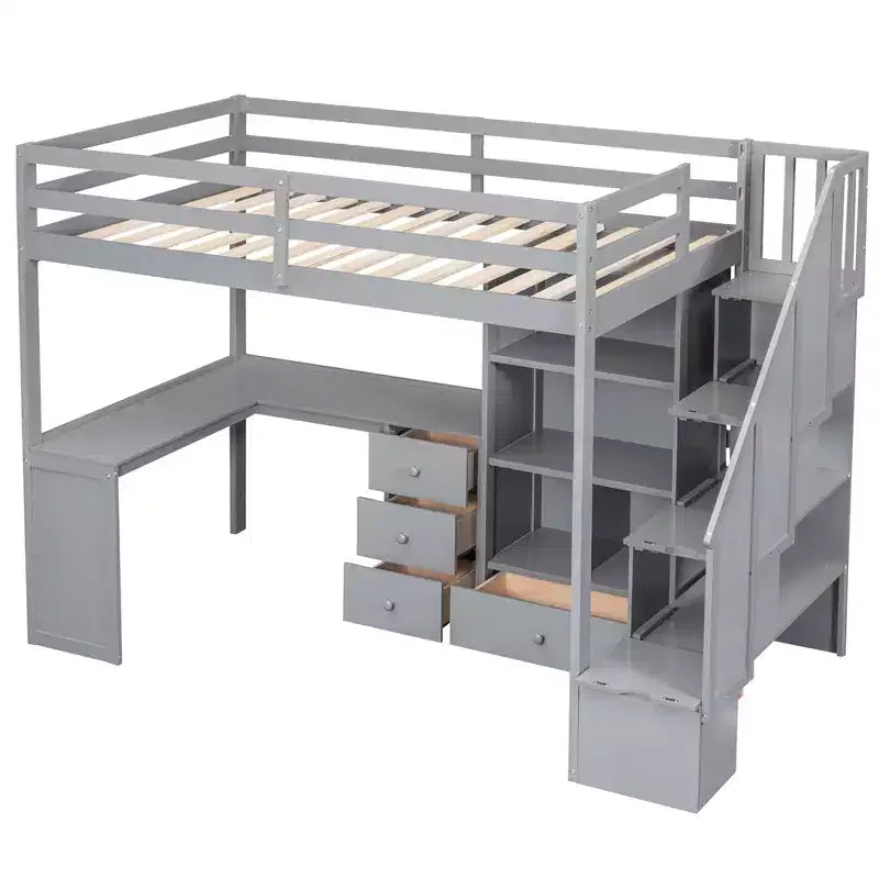 Lit mezzanine en bois de 94.4''L*57.4''W avec bureau en L, tiroirs, armoire et escalier de rangement