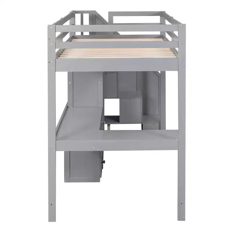 Lit mezzanine en bois de 94.4''L*57.4''W avec bureau en L, tiroirs, armoire et escalier de rangement