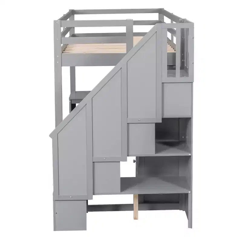 Lit mezzanine en bois de 94.4''L*57.4''W avec bureau en L, tiroirs, armoire et escalier de rangement