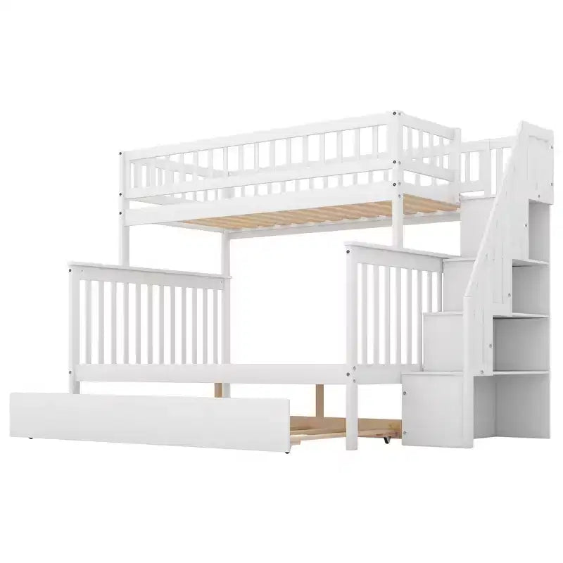 Lit superposé avec lit simple en haut et lit double en bas, avec lit gigogne et escalier de rangement