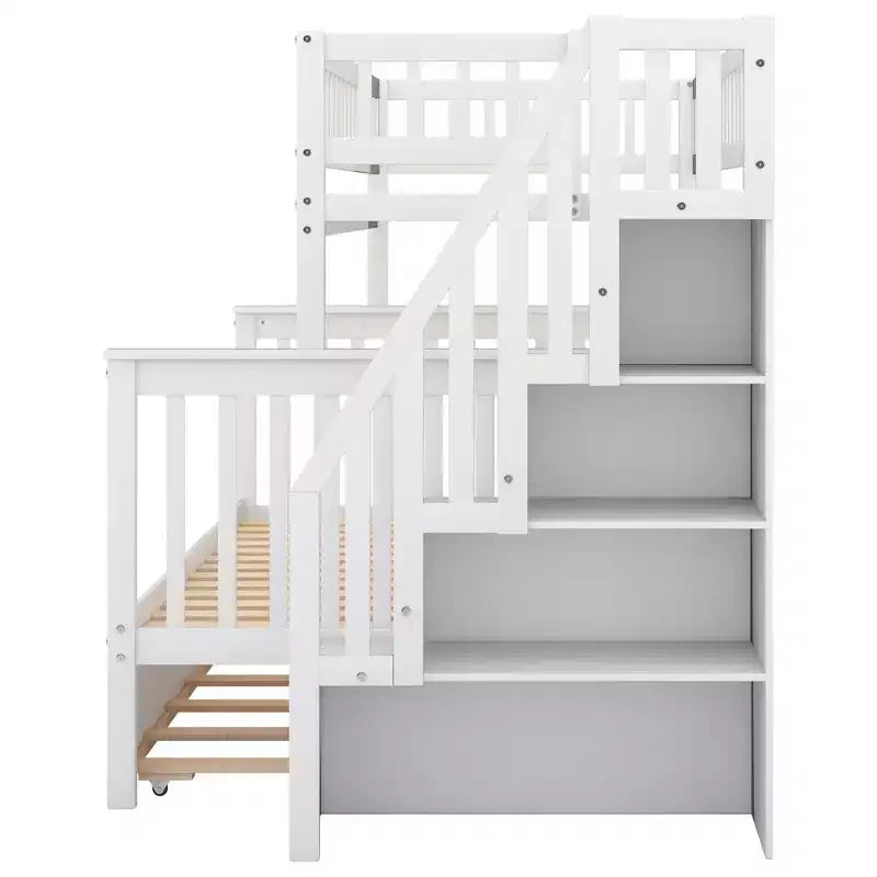 Lit superposé avec lit simple en haut et lit double en bas, avec lit gigogne et escalier de rangement