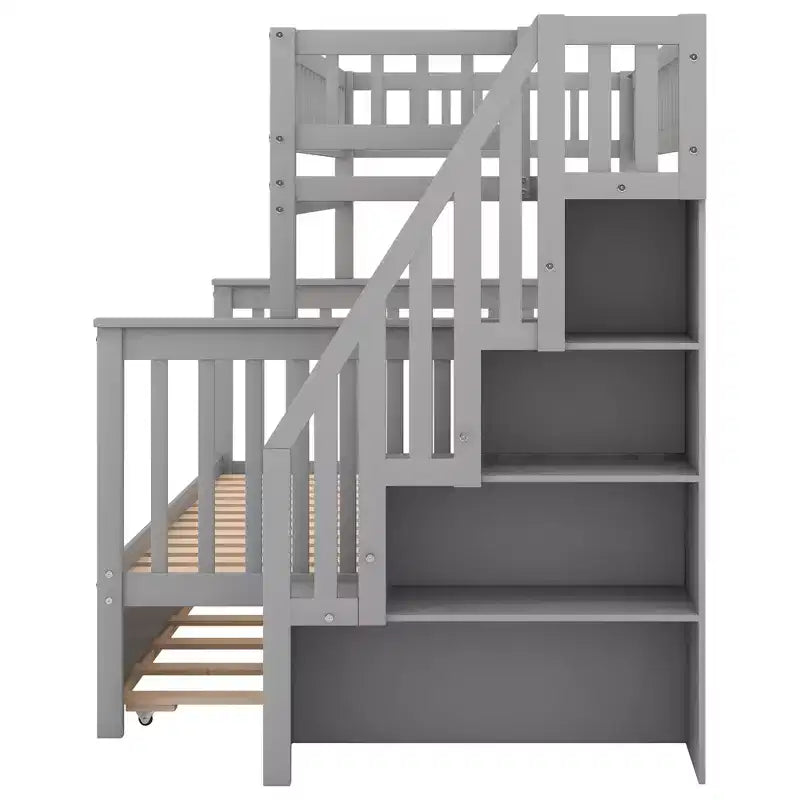Lit superposé avec lit simple en haut et lit double en bas, avec lit gigogne et escalier de rangement