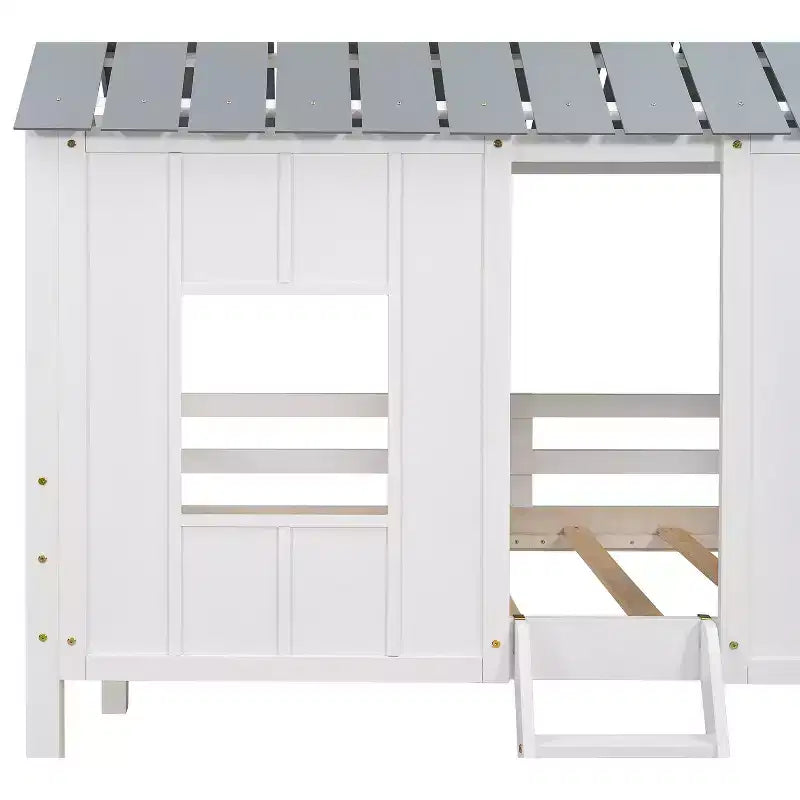 Lit mezzanine bas pour enfant, format simple – avec toit et deux fenêtres à l’avant, blanc (80.4" L x 45.2" W x 71.4" H)