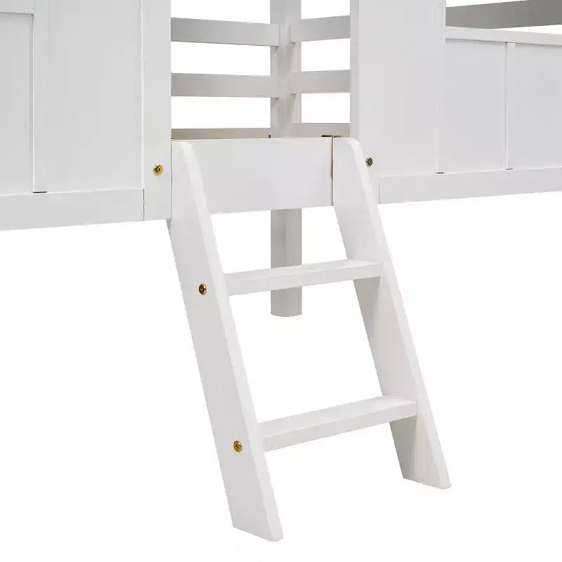 Lit mezzanine bas pour enfant, format simple – avec toit et deux fenêtres à l’avant, blanc (80.4" L x 45.2" W x 71.4" H)