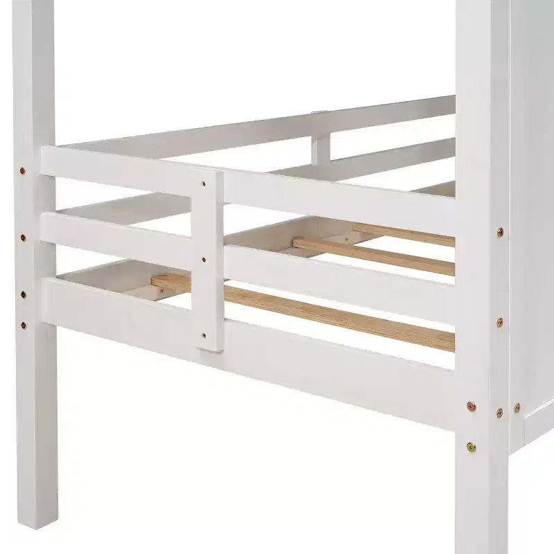Lit mezzanine bas pour enfant, format simple – avec toit et deux fenêtres à l’avant, blanc (80.4" L x 45.2" W x 71.4" H)