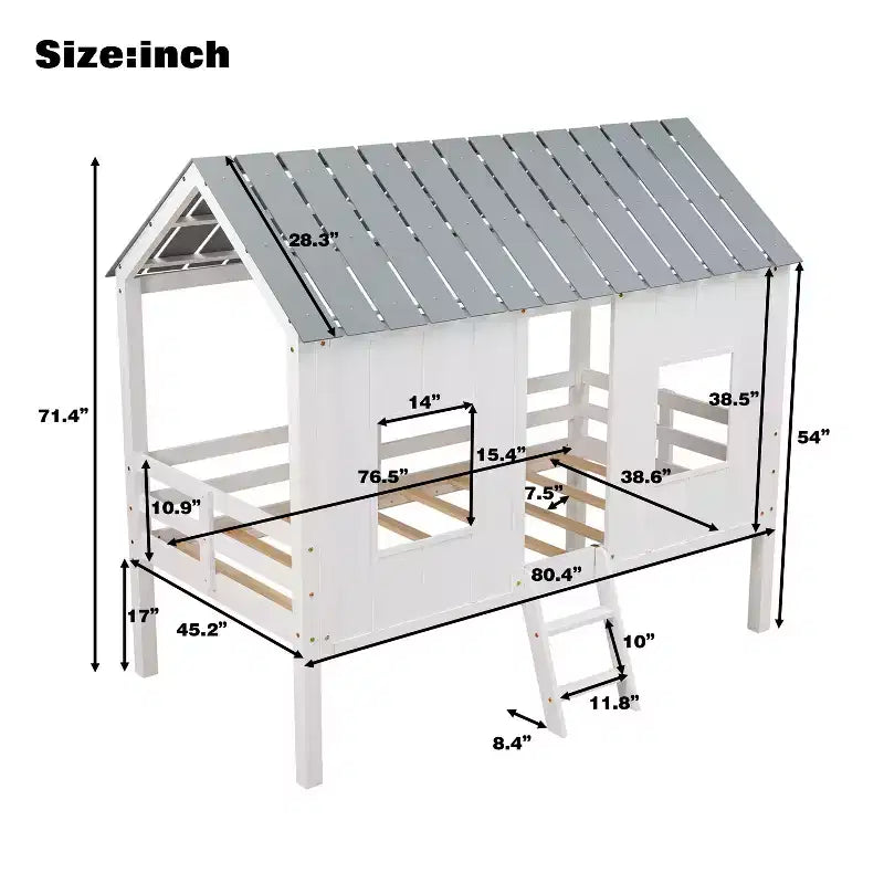 Lit mezzanine bas pour enfant, format simple – avec toit et deux fenêtres à l’avant, blanc (80.4" L x 45.2" W x 71.4" H)