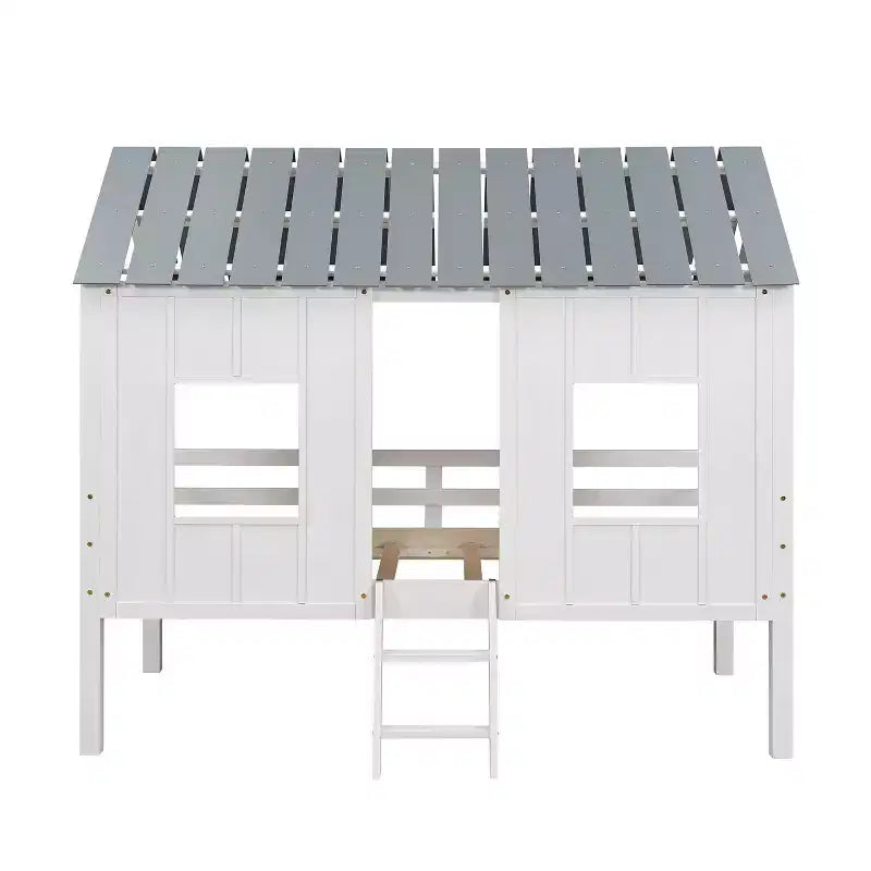 Lit mezzanine bas pour enfant, format simple – avec toit et deux fenêtres à l’avant, blanc (80.4" L x 45.2" W x 71.4" H)