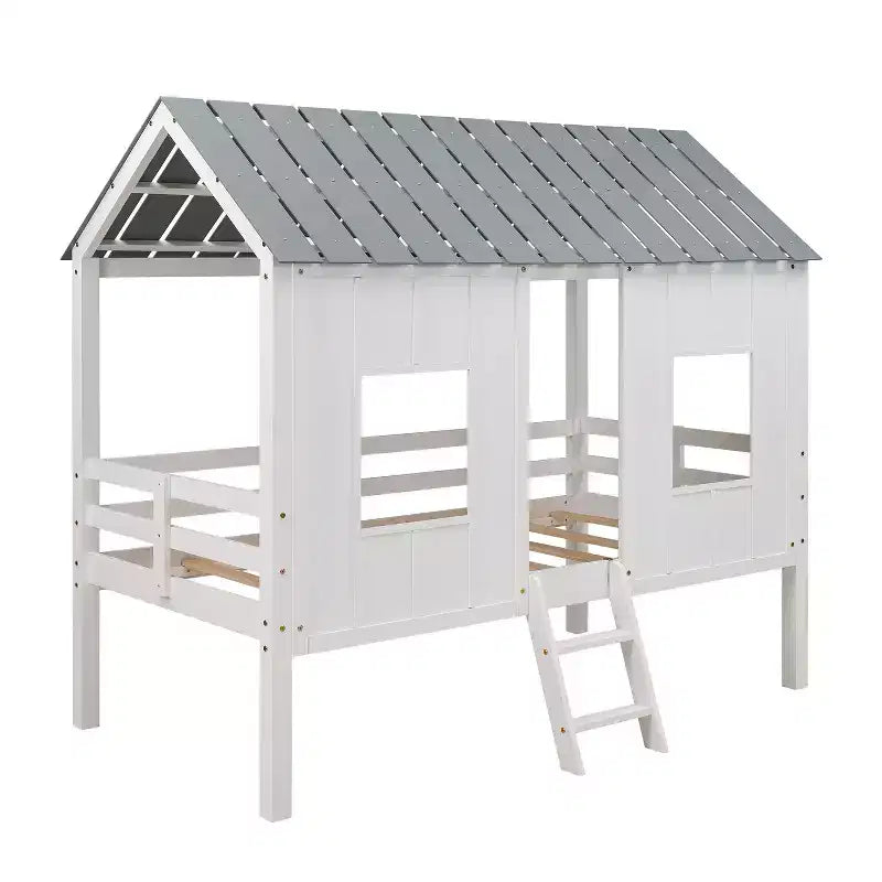 Niedriges Haus-Hochbett in Einzelgröße – mit Dach und zwei Frontfenstern, Weiß (80.4" L x 45.2" W x 71.4" H)