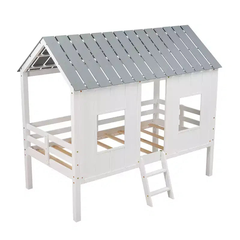 Niedriges Haus-Hochbett in Einzelgröße – mit Dach und zwei Frontfenstern, Weiß (80.4" L x 45.2" W x 71.4" H)