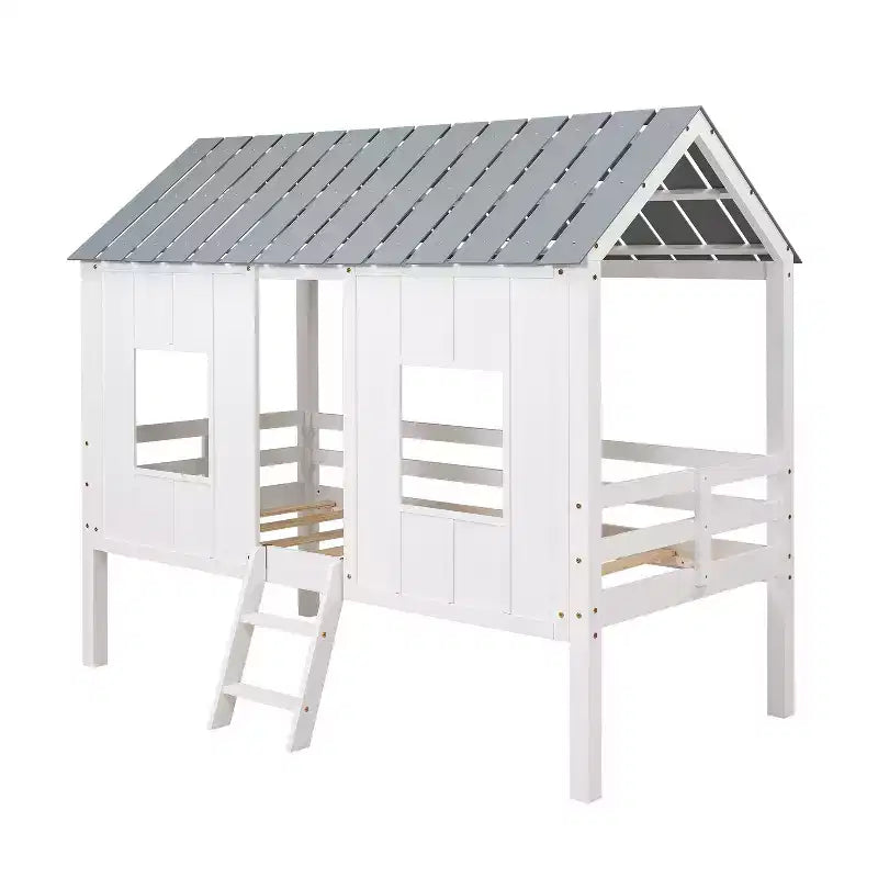 Lit mezzanine bas pour enfant, format simple – avec toit et deux fenêtres à l’avant, blanc (80.4" L x 45.2" W x 71.4" H)