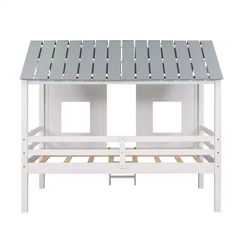 Lit mezzanine bas pour enfant, format simple – avec toit et deux fenêtres à l’avant, blanc (80.4" L x 45.2" W x 71.4" H)