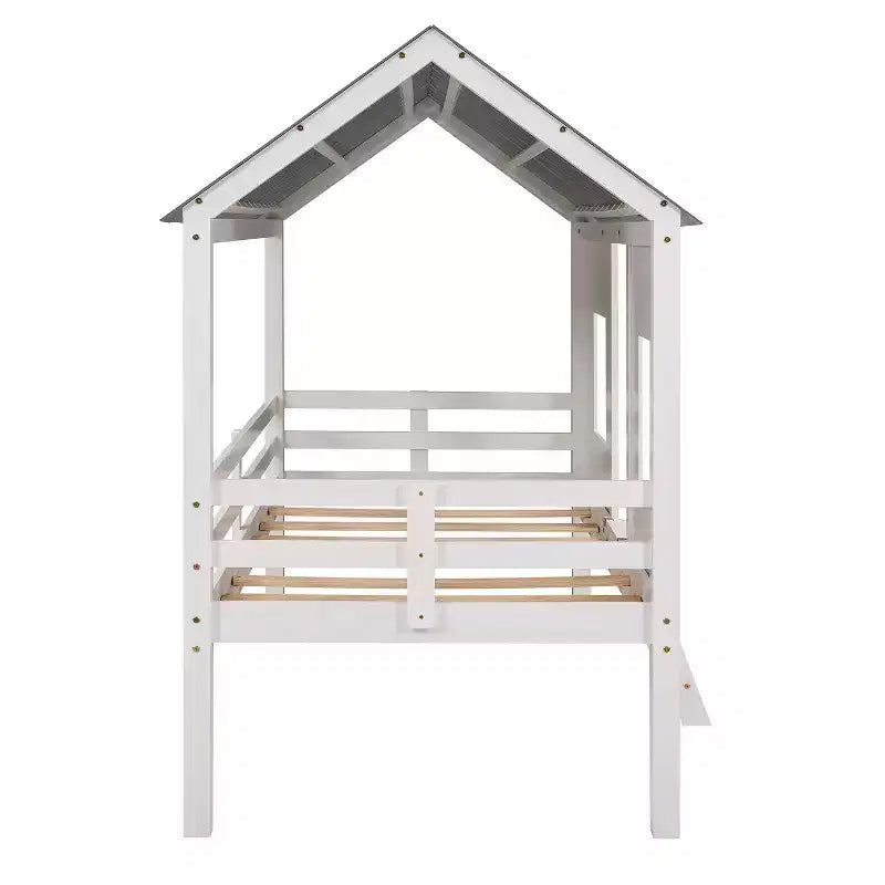 Lit mezzanine bas pour enfant, format simple – avec toit et deux fenêtres à l’avant, blanc (80.4" L x 45.2" W x 71.4" H)