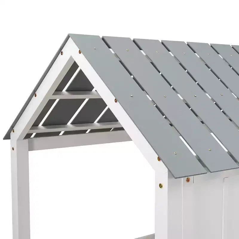 Lit mezzanine bas pour enfant, format simple – avec toit et deux fenêtres à l’avant, blanc (80.4" L x 45.2" W x 71.4" H)