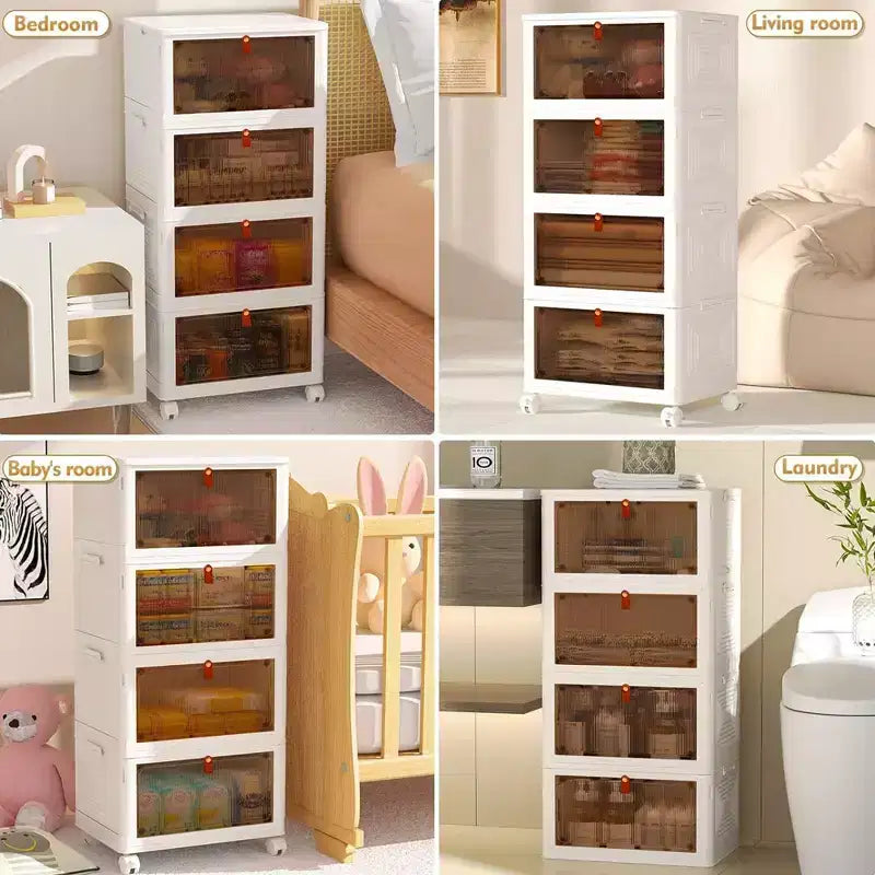 Bacs de rangement pliables à 3/4 niveaux, casiers à jouets en plastique, organisateur empilable pour vêtements avec roulettes verrouillables, blanc