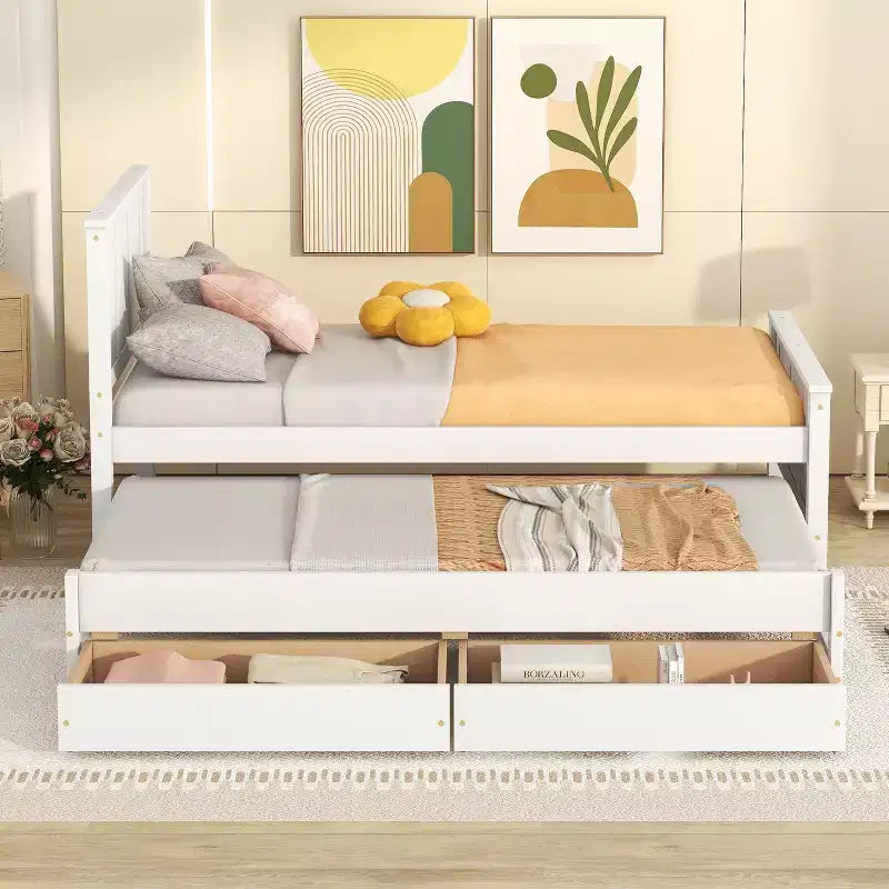Einzelbett mit Plattformrahmen, Ausziehbett und Schubladen