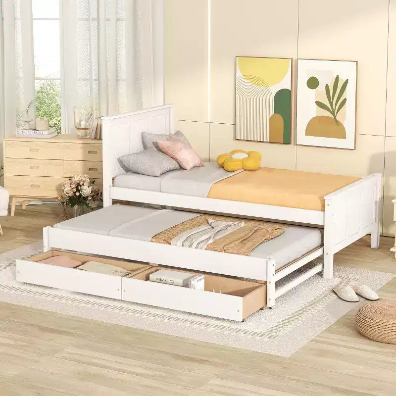 Einzelbett mit Plattformrahmen, Ausziehbett und Schubladen
