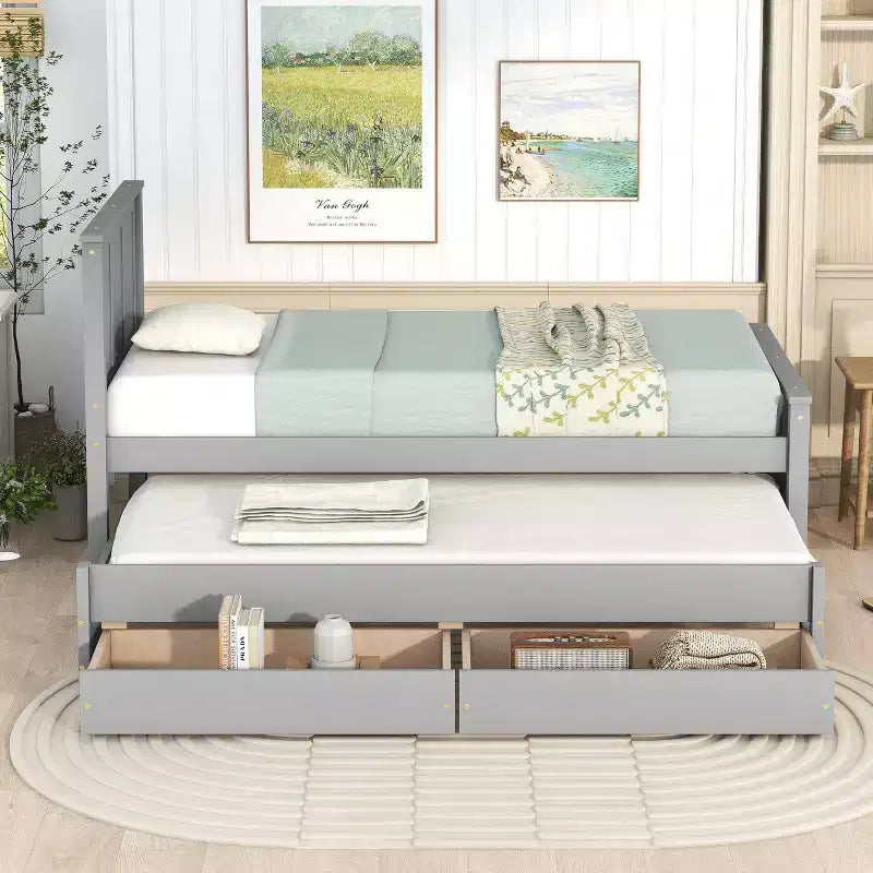 Einzelbett mit Plattformrahmen, Ausziehbett und Schubladen