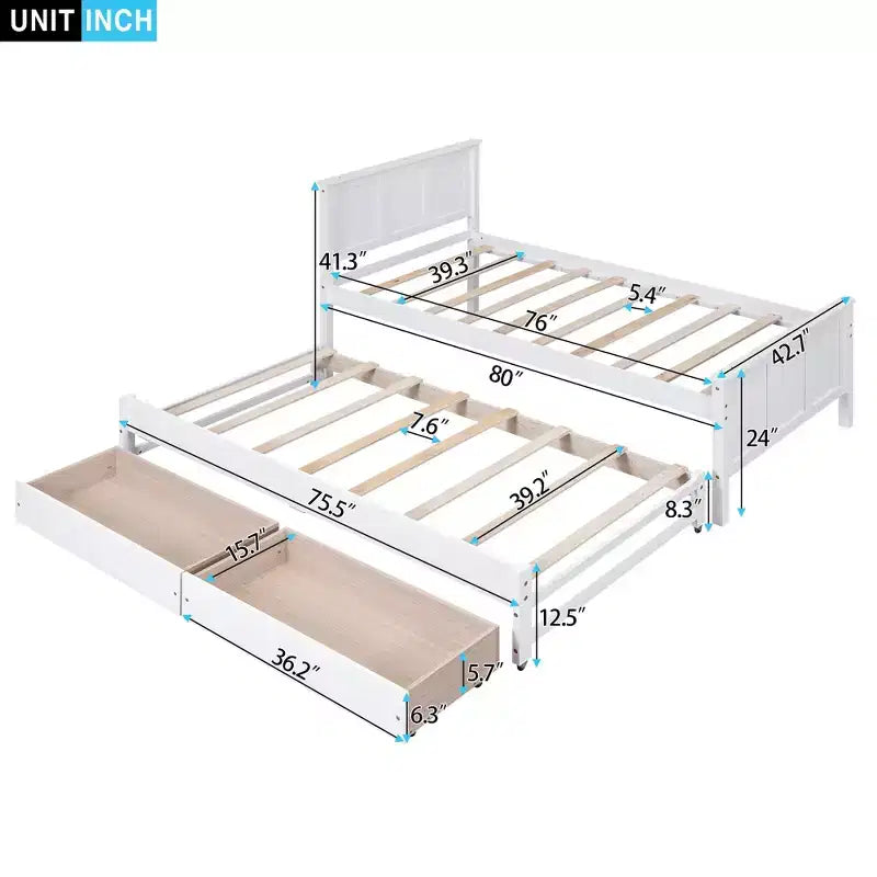 Einzelbett mit Plattformrahmen, Ausziehbett und Schubladen