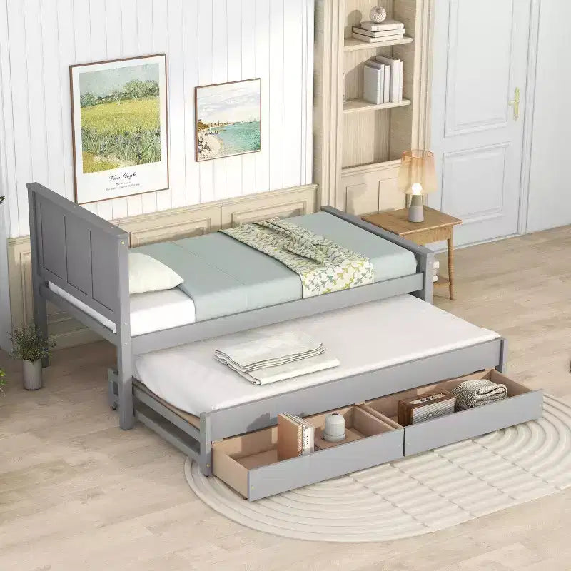 Einzelbett mit Plattformrahmen, Ausziehbett und Schubladen