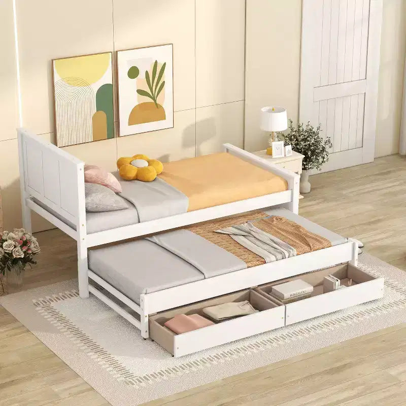 Einzelbett mit Plattformrahmen, Ausziehbett und Schubladen