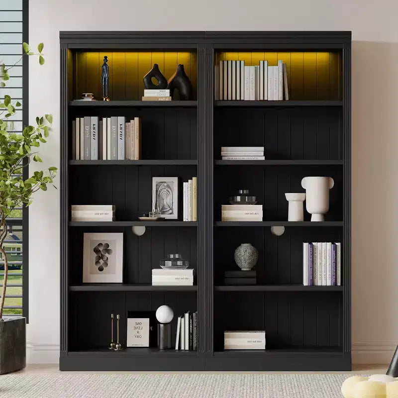 83.4 hoher Holz-Bücherschrank mit LED-Lichtleiste, 5 verstellbare Regalböden und Aufbewahrungsorganizer für Wohnzimmer und Homeoffice
